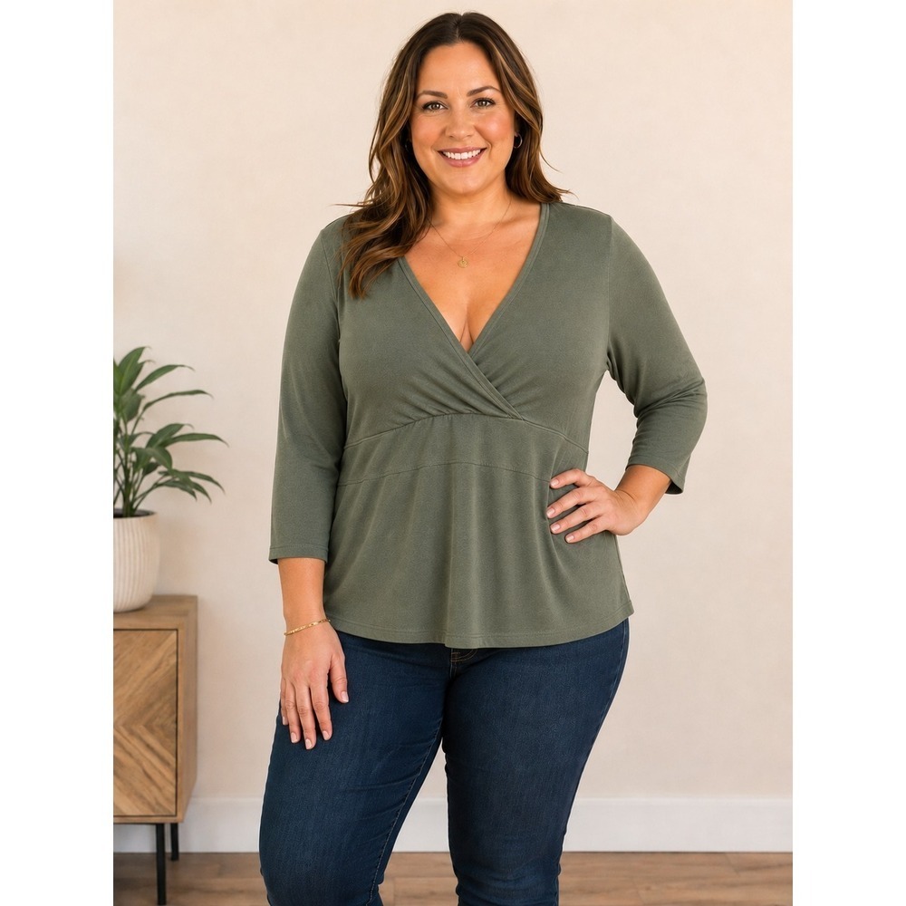 Deep V-Neck 100% Cotton 3/4 Sleeve Soft Comfort Shirt by Avenue NWT Size 18/20